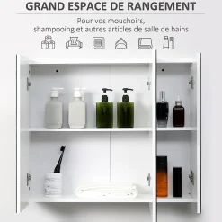 Armoire miroir de salle de bain armoire murale 3 portes 2 étagères dim. 70L x 15l x 60H cm MDF blanc