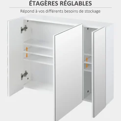 Armoire miroir de salle de bain armoire murale 3 portes 2 étagères dim. 70L x 15l x 60H cm MDF blanc