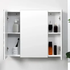 Armoire miroir de salle de bain armoire murale 3 portes 2 étagères dim. 70L x 15l x 60H cm MDF blanc