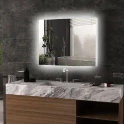 Armoire miroir LED de salle de bain - 2 portes, 2 étagères - tactile, lumière réglable - MDF blanc laqué verre