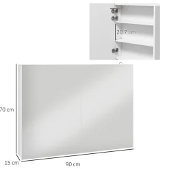 Armoire miroir LED de salle de bain - 2 portes, 2 étagères - tactile, lumière réglable - MDF blanc laqué verre