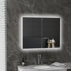 Armoire miroir LED de salle de bain - 2 portes, 2 étagères - tactile, lumière réglable - MDF blanc laqué verre