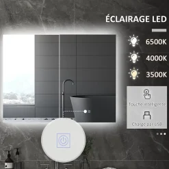 Armoire miroir LED de salle de bain - 2 portes, 2 étagères - tactile, lumière réglable - MDF blanc laqué verre