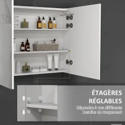 Armoire miroir LED de salle de bain - 2 portes, 2 étagères - tactile, lumière réglable - MDF blanc laqué verre