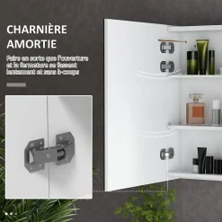 Armoire miroir LED de salle de bain - 2 portes, 2 étagères - tactile, lumière réglable - MDF blanc laqué verre