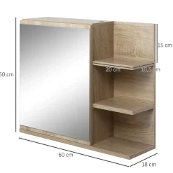 Armoire miroir murale de salle de bain avec étagère - 3 étagères latérales, kit installation - aspect chêne clair