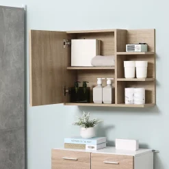 Armoire miroir murale de salle de bain avec étagère - 3 étagères latérales, kit installation - aspect chêne clair
