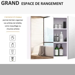 Armoire miroir murale de salle de bain 3 étagères réglables dim. 70L x 60H cm blanc