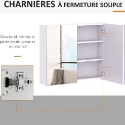 Armoire miroir murale de salle de bain 3 étagères réglables dim. 70L x 60H cm blanc