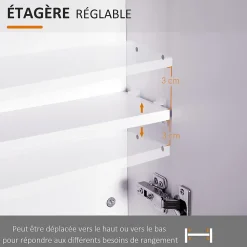 Armoire miroir murale de salle de bain 3 étagères réglables dim. 70L x 60H cm blanc
