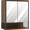 Armoire miroir murale salle de bain 2 portes design - étagère, niche - métal noir effet bois noyer