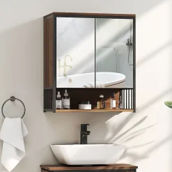 Armoire miroir murale salle de bain 2 portes design - étagère, niche - métal noir effet bois noyer