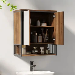 Armoire miroir murale salle de bain 2 portes design - étagère, niche - métal noir effet bois noyer