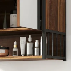 Armoire miroir murale salle de bain 2 portes design - étagère, niche - métal noir effet bois noyer