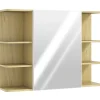 Armoire miroir murale salle de bain - porte, étagère, 2x3 tablettes latérales - 80 x 20 x 59 cm - effet bois clair