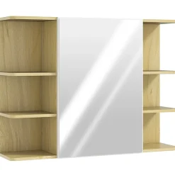 Armoire miroir murale salle de bain - porte, étagère, 2x3 tablettes latérales - 80 x 20 x 59 cm - effet bois clair