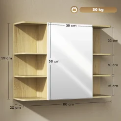 Armoire miroir murale salle de bain - porte, étagère, 2x3 tablettes latérales - 80 x 20 x 59 cm - effet bois clair