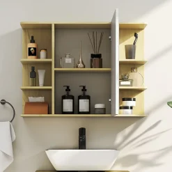 Armoire miroir murale salle de bain - porte, étagère, 2x3 tablettes latérales - 80 x 20 x 59 cm - effet bois clair