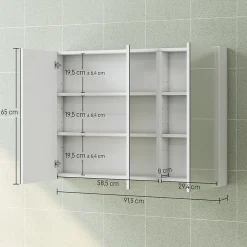 Armoire miroir murale salle de bain design 3 portes 4 étagères 91 x 11 x 65 cm blanc