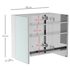 Armoire miroir rangement toilette salle de bain meuble mural dim. 60L x 12l x 55H cm acier inox.