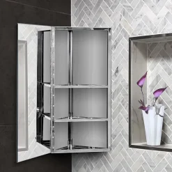 Armoire miroir salle de bain armoire de toilette murale meuble d'angle 2 étagères dim. 30L x 18,4l x 60H cm acier inox.