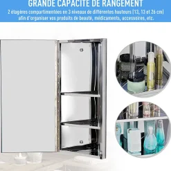 Armoire miroir salle de bain armoire de toilette murale meuble d'angle 2 étagères dim. 30L x 18,4l x 60H cm acier inox.