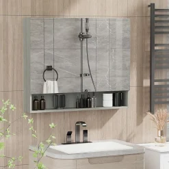 Armoire miroir salle de bain 3 portes 5 étagères, niche - 90 x 15 x 75 cm - effet bois gris