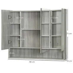 Armoire miroir salle de bain 3 portes 5 étagères, niche - 90 x 15 x 75 cm - effet bois gris