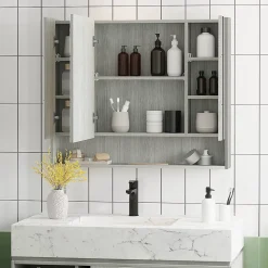 Armoire miroir salle de bain 3 portes 5 étagères, niche - 90 x 15 x 75 cm - effet bois gris
