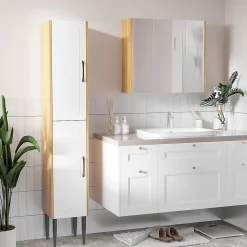 Armoire miroir salle de bain 3 portes 4 étagères aspect bois clair blanc