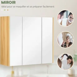 Armoire miroir salle de bain 3 portes 4 étagères aspect bois clair blanc