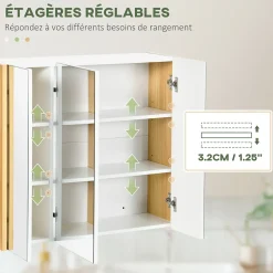 Armoire miroir salle de bain 3 portes 4 étagères aspect bois clair blanc