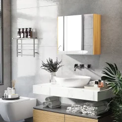 Armoire miroir salle de bain 3 portes 4 étagères aspect bois clair blanc