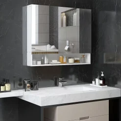 Armoire miroir salle de bain 3 portes 5 étagères, niche - 90 x 15 x 75 cm - blanc