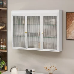 Armoire Murale 3 Portes en Verre et Métal - Meuble de Rangement Suspendu pour Cuisine et Salon, 90x16x70 cm, Blanc