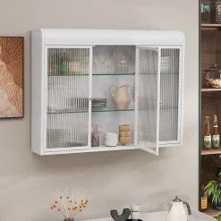 Armoire Murale 3 Portes en Verre et Métal - Meuble de Rangement Suspendu pour Cuisine et Salon, 90x16x70 cm, Blanc