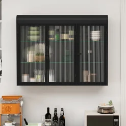 Armoire Murale 3 Portes Salle de Bain design Moderne avec Cadre Métal Noir et Verre, Meuble de Rangement, Noir