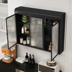 Armoire Murale 3 Portes Salle de Bain design Moderne avec Cadre Métal Noir et Verre, Meuble de Rangement, Noir