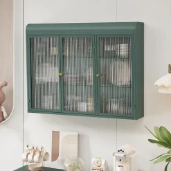 Armoire Murale 3 Portes Salle de Bain design Moderne avec Cadre Métal Vert et Verre, Meuble de Rangement, Vert foncé