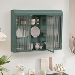 Armoire Murale 3 Portes Salle de Bain design Moderne avec Cadre Métal Vert et Verre, Meuble de Rangement, Vert foncé