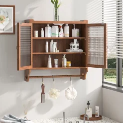 Armoire Murale avec Portes Vitrées et Porte-Serviettes, Meuble Mural Vintage en Bois Massif avec 3 Étagères - 63x18x60 cm - Brun