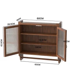 Armoire Murale avec Portes Vitrées et Porte-Serviettes, Meuble Mural Vintage en Bois Massif avec 3 Étagères - 63x18x60 cm - Brun