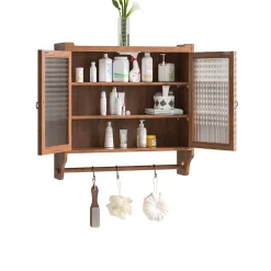 Armoire Murale avec Portes Vitrées et Porte-Serviettes, Meuble Mural Vintage en Bois Massif avec 3 Étagères - 63x18x60 cm - Brun