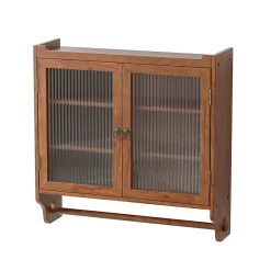 Armoire Murale avec Portes Vitrées et Porte-Serviettes, Meuble Mural Vintage en Bois Massif avec 3 Étagères - 63x18x60 cm - Brun