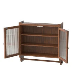 Armoire Murale avec Portes Vitrées et Porte-Serviettes, Meuble Mural Vintage en Bois Massif avec 3 Étagères - 63x18x60 cm - Brun