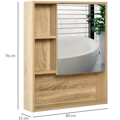Armoire murale de rangement salle de bain avec porte miroir couleur bois de chêne dim. 60L x 15l x H76 cm
