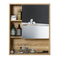 Armoire murale de rangement salle de bain avec porte miroir couleur bois de chêne dim. 60L x 15l x H76 cm