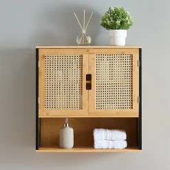 Armoire murale de salle de bain Tervola 60 x 60 x 20 cm noir naturel effet rotin en.casa
