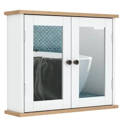 Armoire murale de salle de bain avec étagère réglable et 2 portes avec miroir en MDF - dim. 56I x 14P x 46H cm