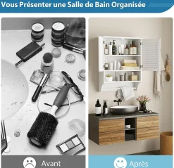 Armoire Murale de Salle de Bain avec Portes à Persiennes Porte Serviettes Armoire à Pharmacie avec étagère Réglable Blanc